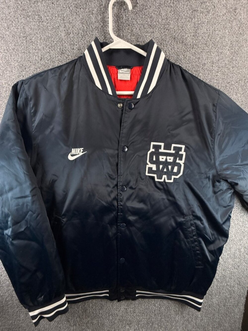 Nike Sportswear Beaverton Oregon Bomber Navy Blue Satin Jacket XL Y2K Snap Up